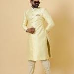 Stunning Light Yellow Banarasi Brocade Achkan for Men | Father-Son Combo | Pastel Sherwani | Grooms & Weddings | Jaipurio